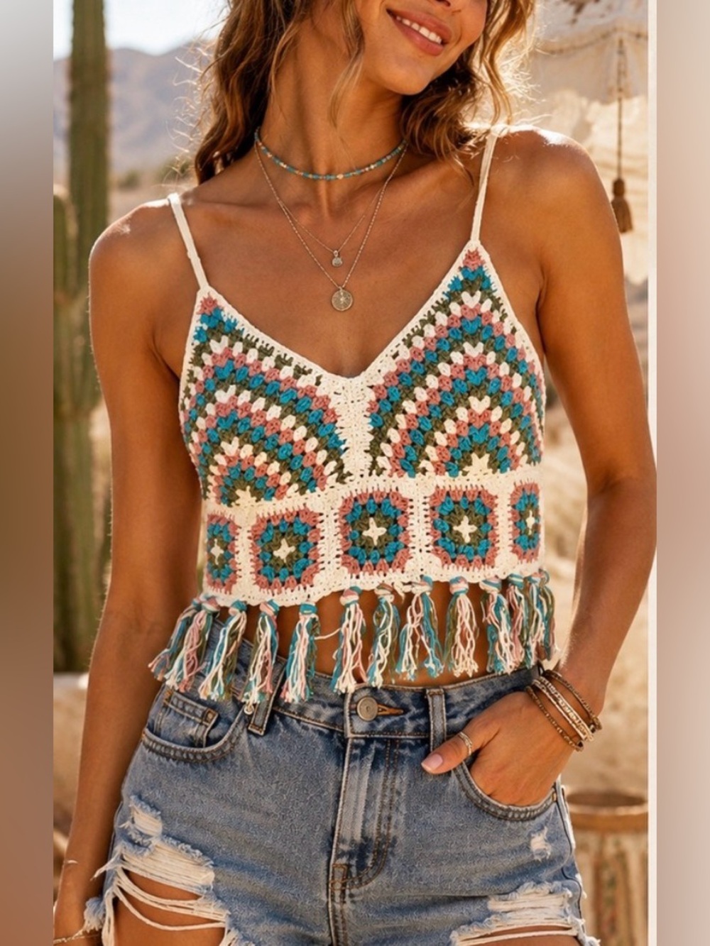 Band of Gypsies Crochet Fringe Camisole - White, Teal, Pink, Olive, Tan